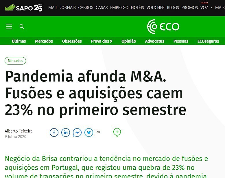 Pandemia afunda M&A. Fuses e aquisies caem 23% no primeiro semestre